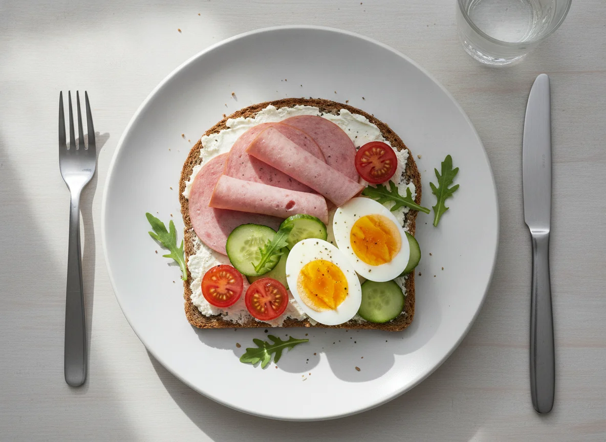 Vollkornbrot mit Wurst, Ei und Gemüse photo