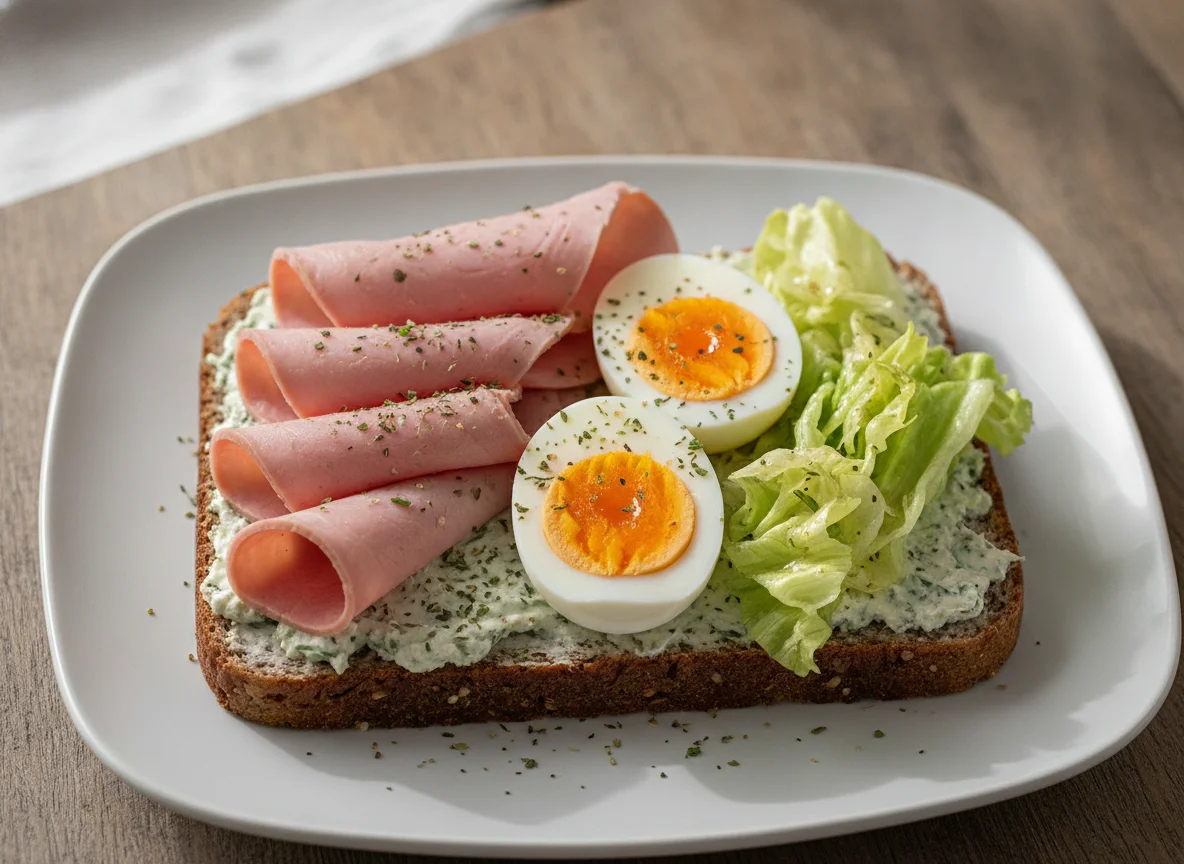 Vollkornbrot mit Wurst, Ei und Salat photo