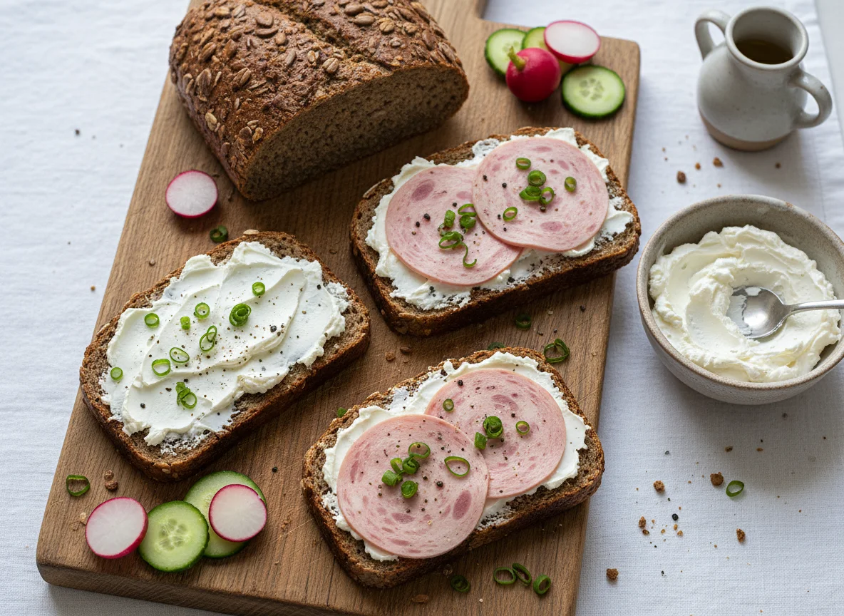 Vollkornbrot mit Wurst und Frischkäse photo