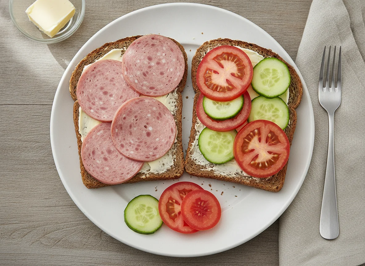 Vollkornbrot mit Wurst und Gemüse photo