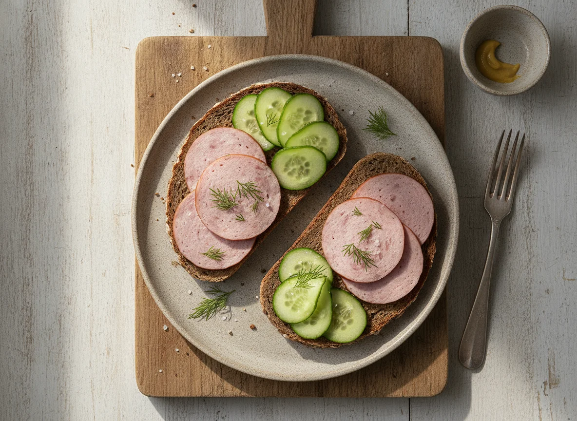 Vollkornbrot mit Wurst und Gurke photo