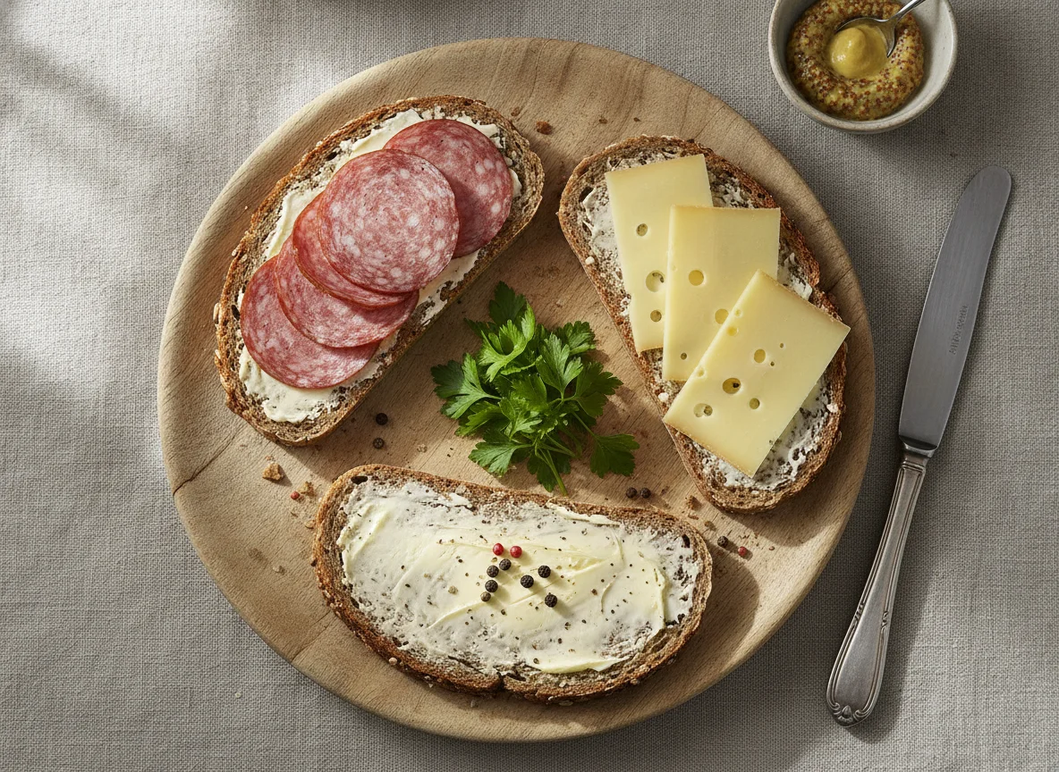 Vollkornbrot mit Wurst und Käse photo