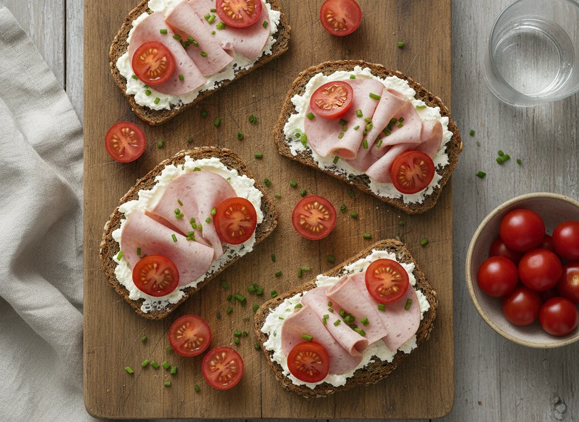 Vollkornbrot mit Wurst und Kirschtomaten photo