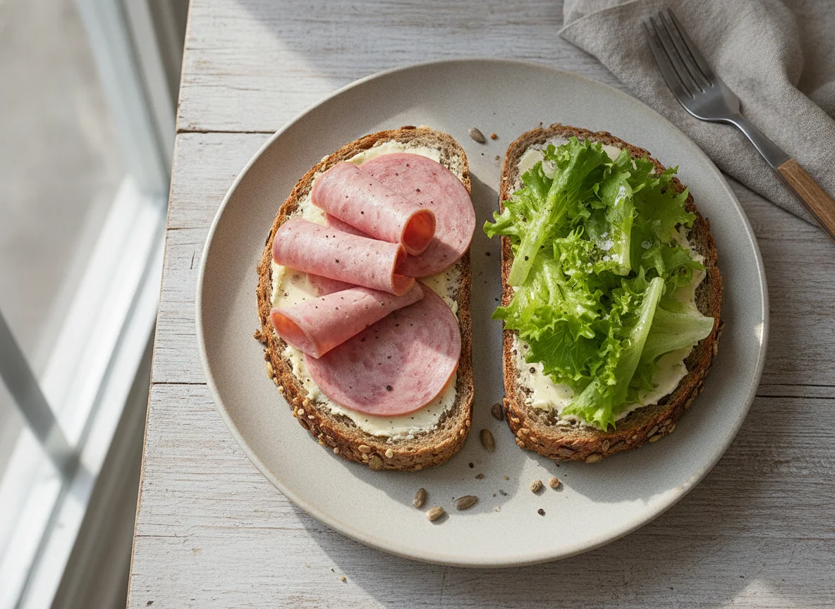 Vollkornbrot mit Wurst und Salat photo