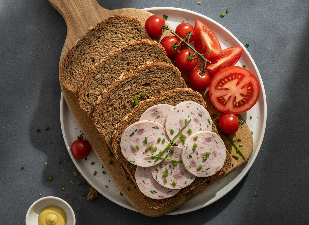 Vollkornbrot mit Wurst und Tomaten photo