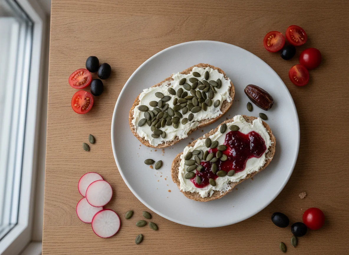 Vollkornbrötchen mit Aufstrich, Kernen und Beilagen photo
