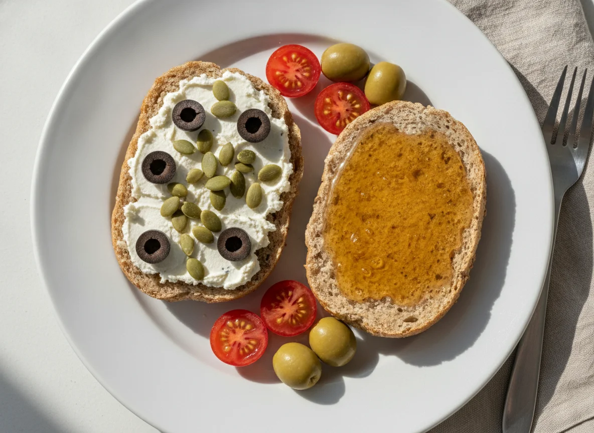 Vollkornbrötchen mit Aufstrich, Kürbiskernen, Oliven und Tomaten photo