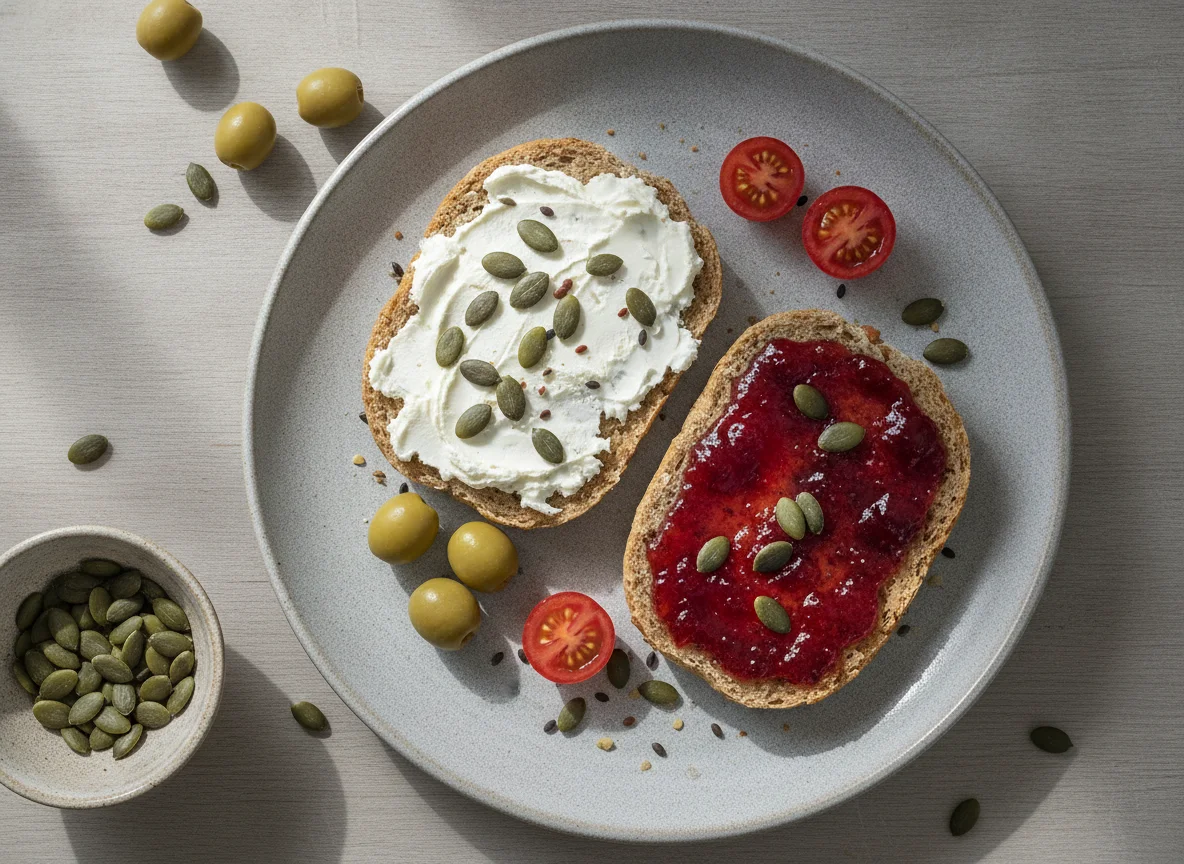 Vollkornbrötchen mit Aufstrich, Oliven und Tomaten photo