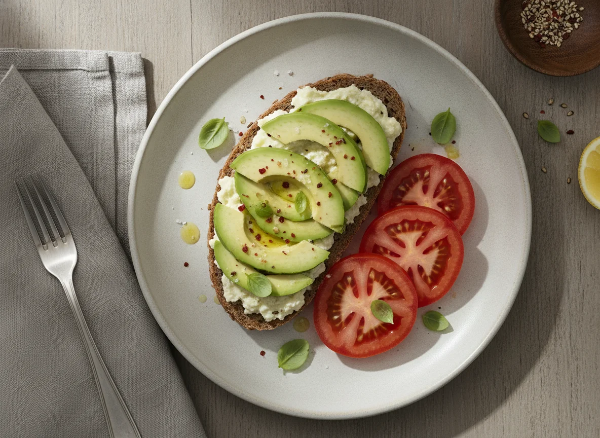 Vollkornbrötchen mit Avocado und Tomate photo