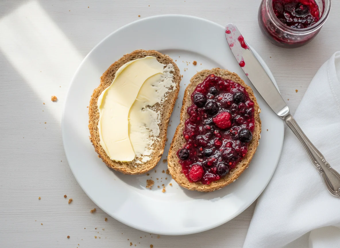 Vollkornbrötchen mit Butter und Beerenmarmelade photo