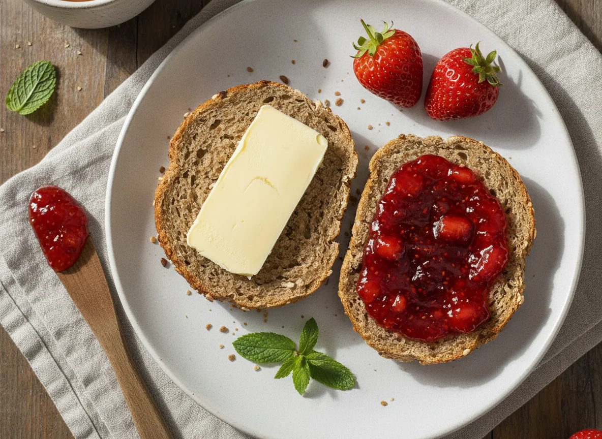 Vollkornbrötchen mit Butter und Erdbeermarmelade photo