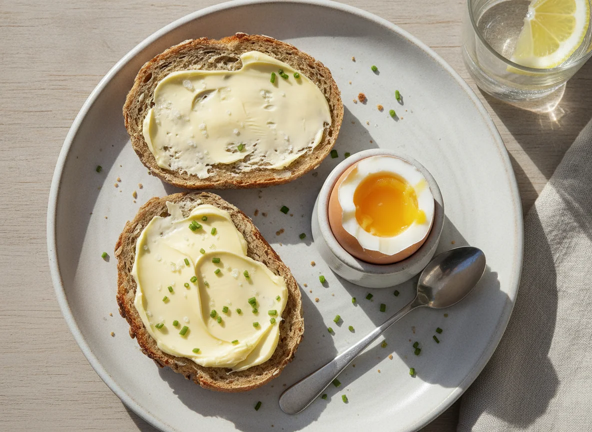 Vollkornbrötchen mit Butter und gekochtem Ei photo