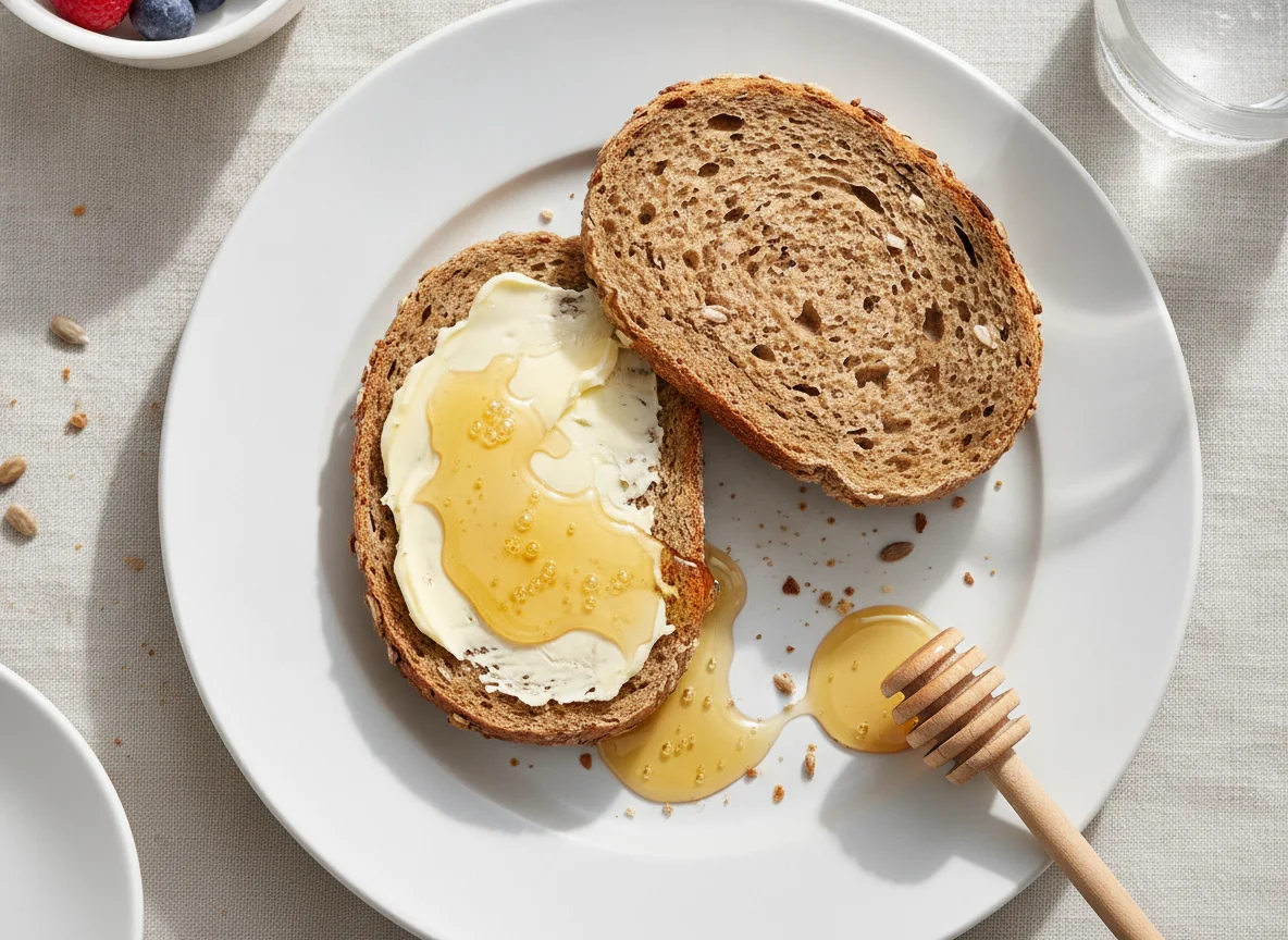 Vollkornbrötchen mit Butter und Honig photo