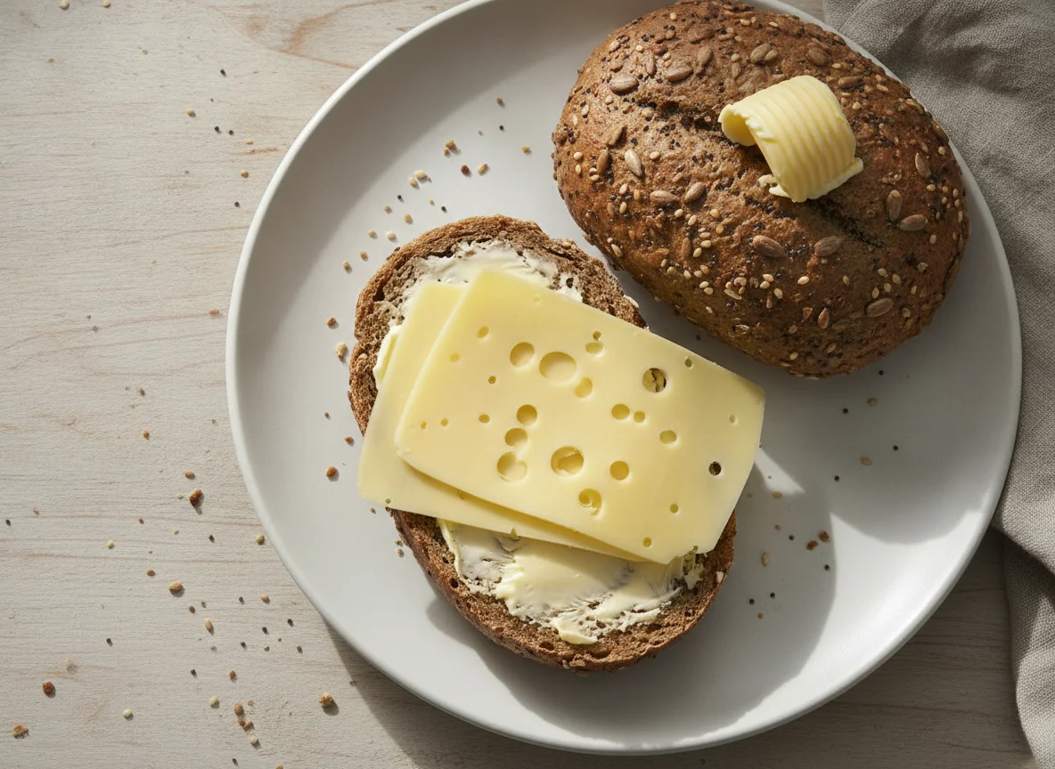 Vollkornbrötchen mit Butter und Käse photo