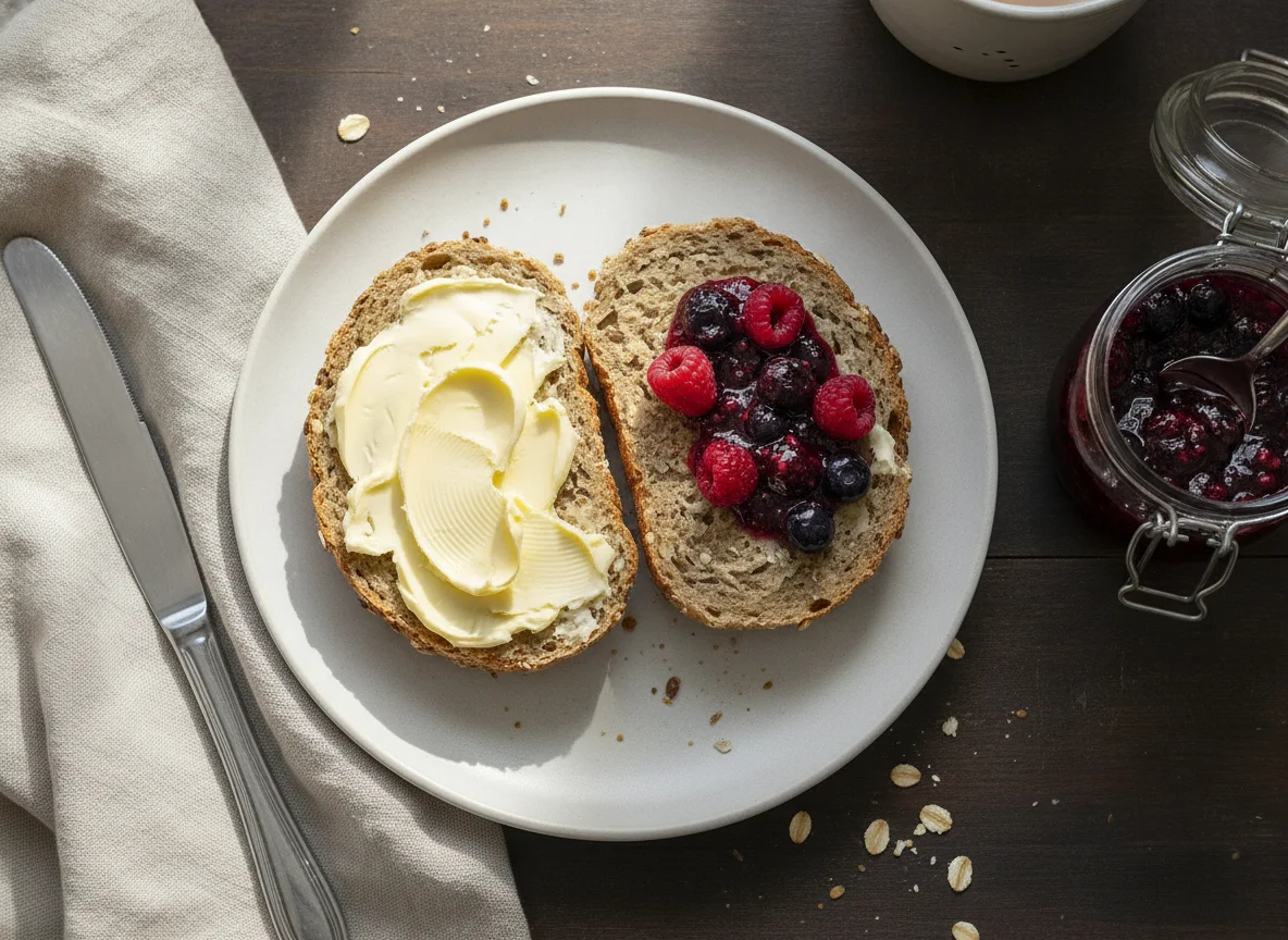 Vollkornbrötchen mit Butter und Konfitüre photo