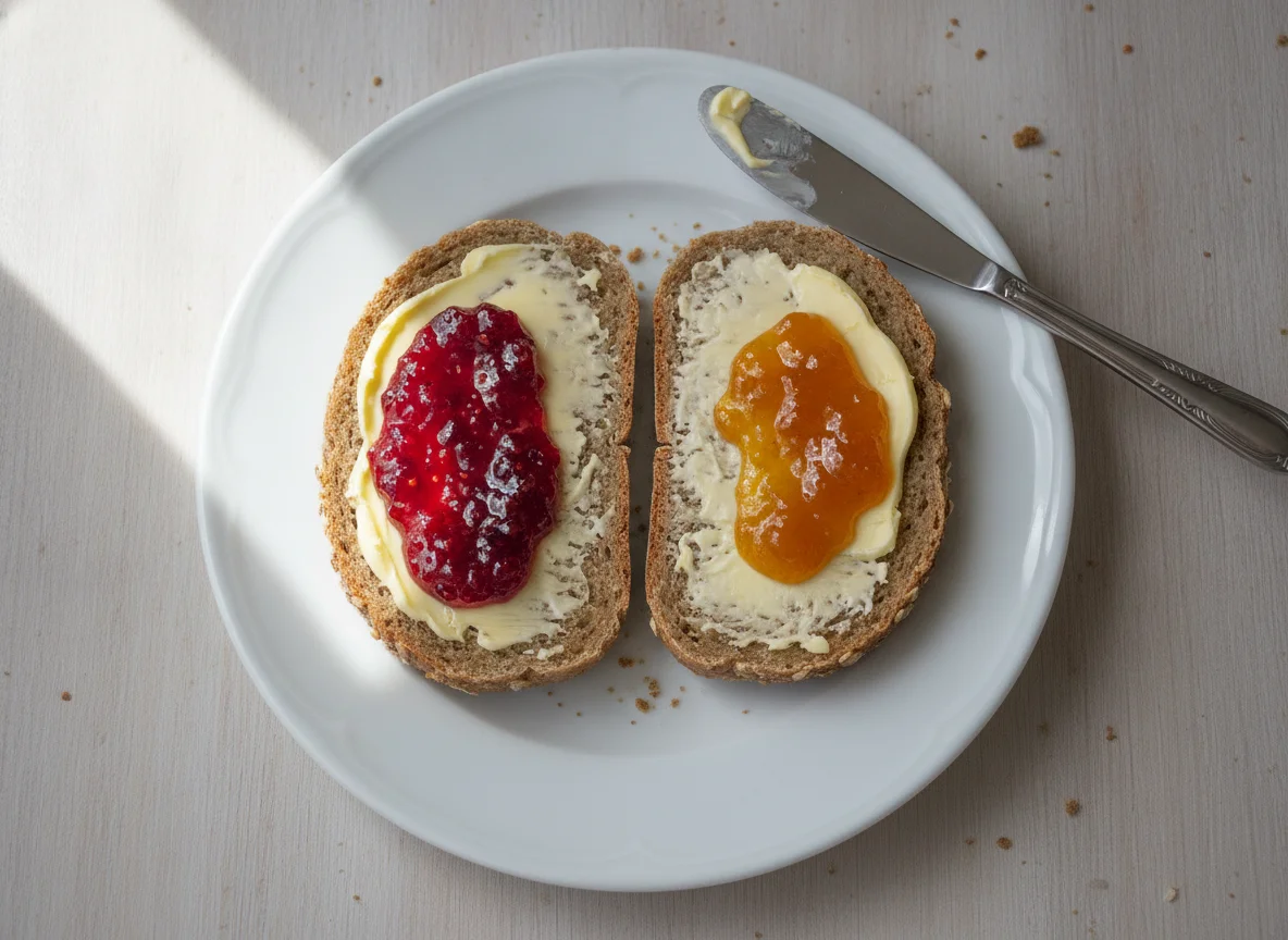 Vollkornbrötchen mit Butter und Marmelade photo