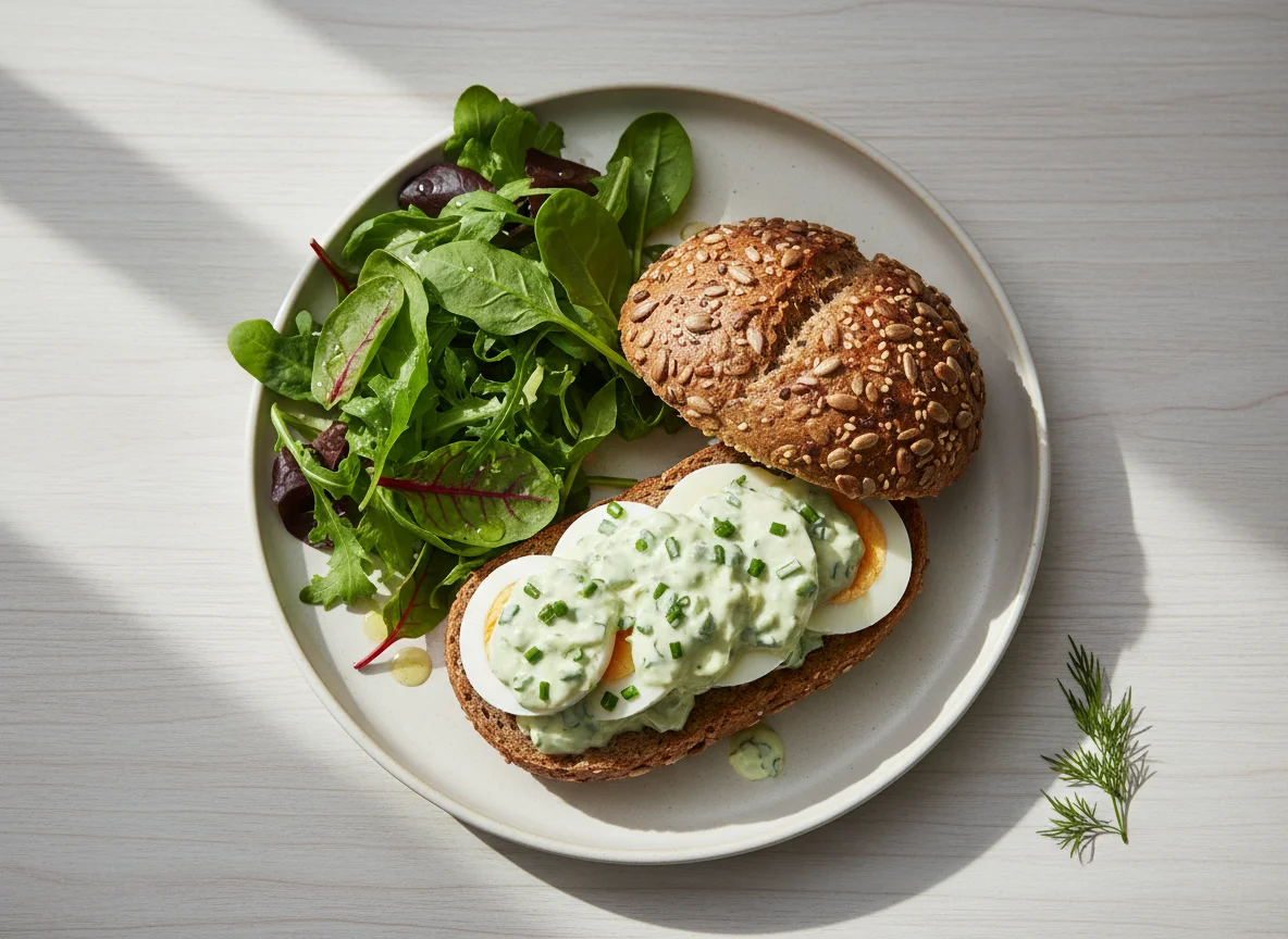 Vollkornbrötchen mit Ei und Salat photo