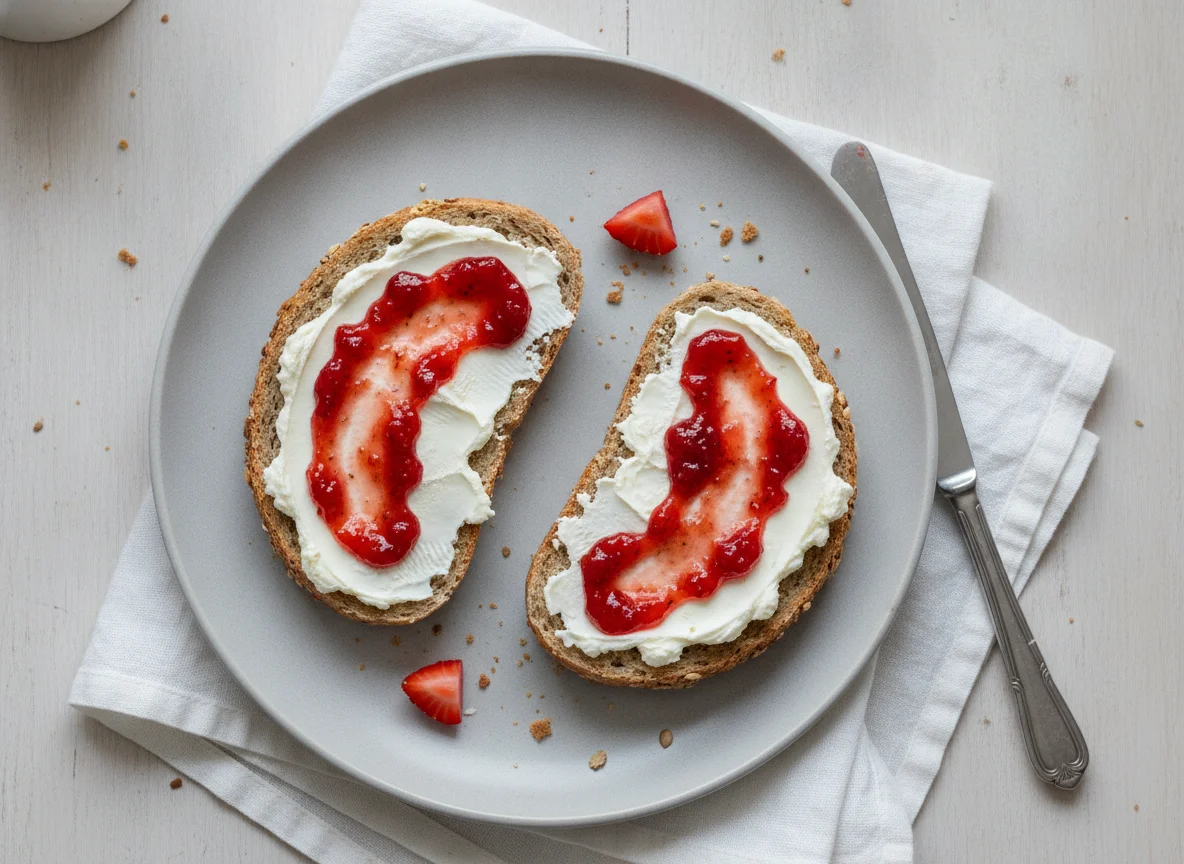 Vollkornbrötchen mit Frischkäse und Erdbeermarmelade photo
