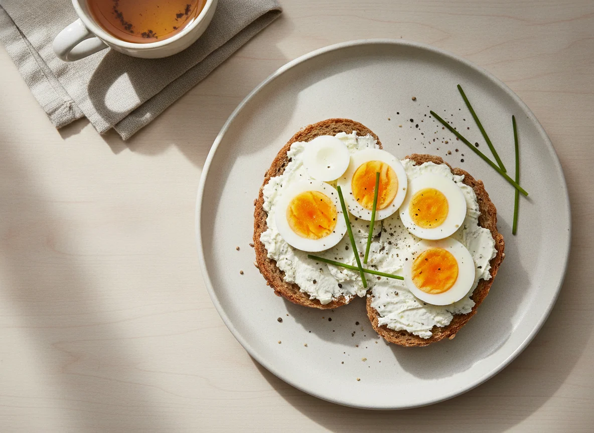 Vollkornbrötchen mit Frischkäse und gekochtem Ei photo