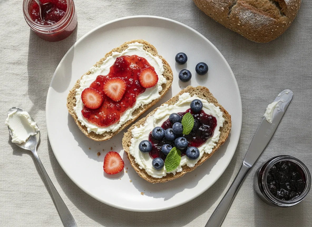 Vollkornbrötchen mit Frischkäse und Marmelade photo
