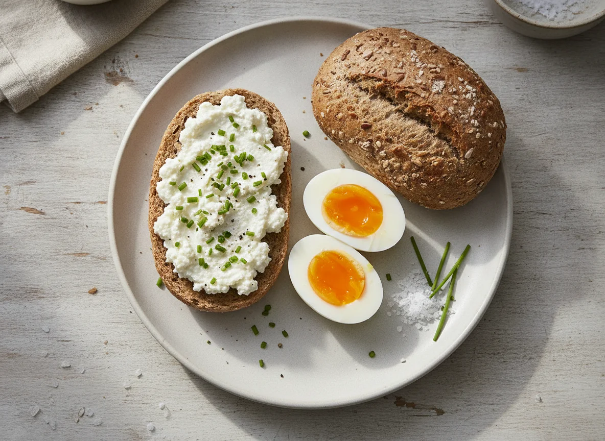 Vollkornbrötchen mit Hüttenkäse und Ei photo