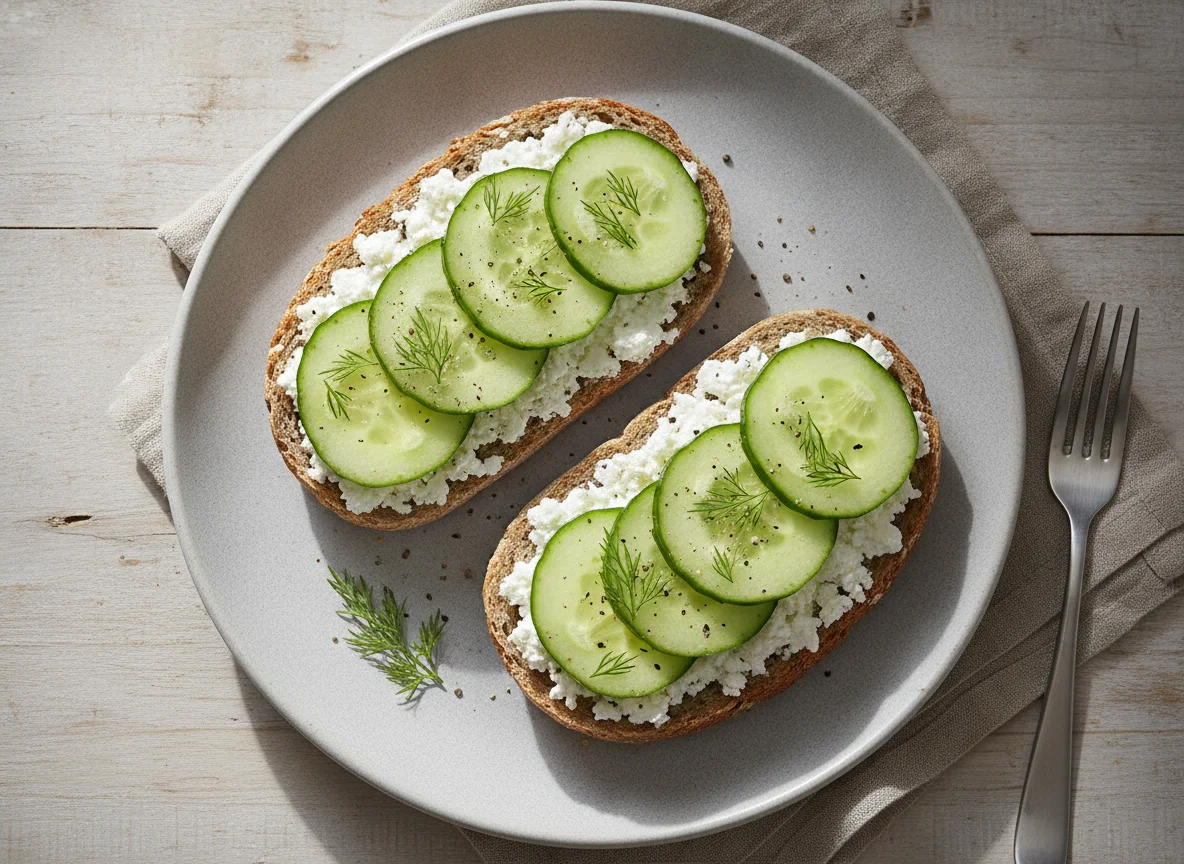 Vollkornbrötchen mit Hüttenkäse und Gurke photo