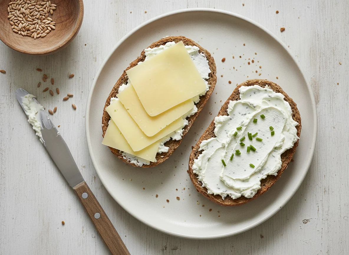 Vollkornbrötchen mit Käse und Frischkäse photo
