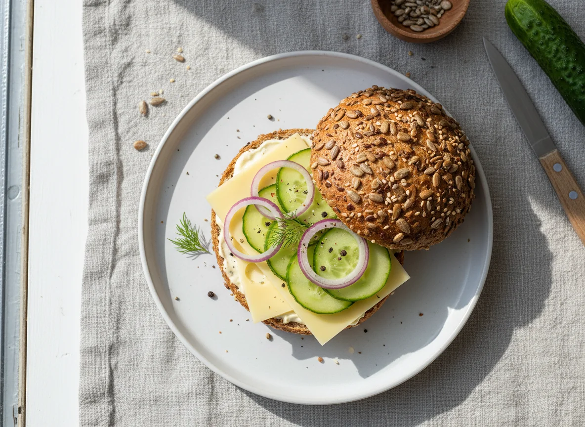 Vollkornbrötchen mit Käse und Gemüse photo