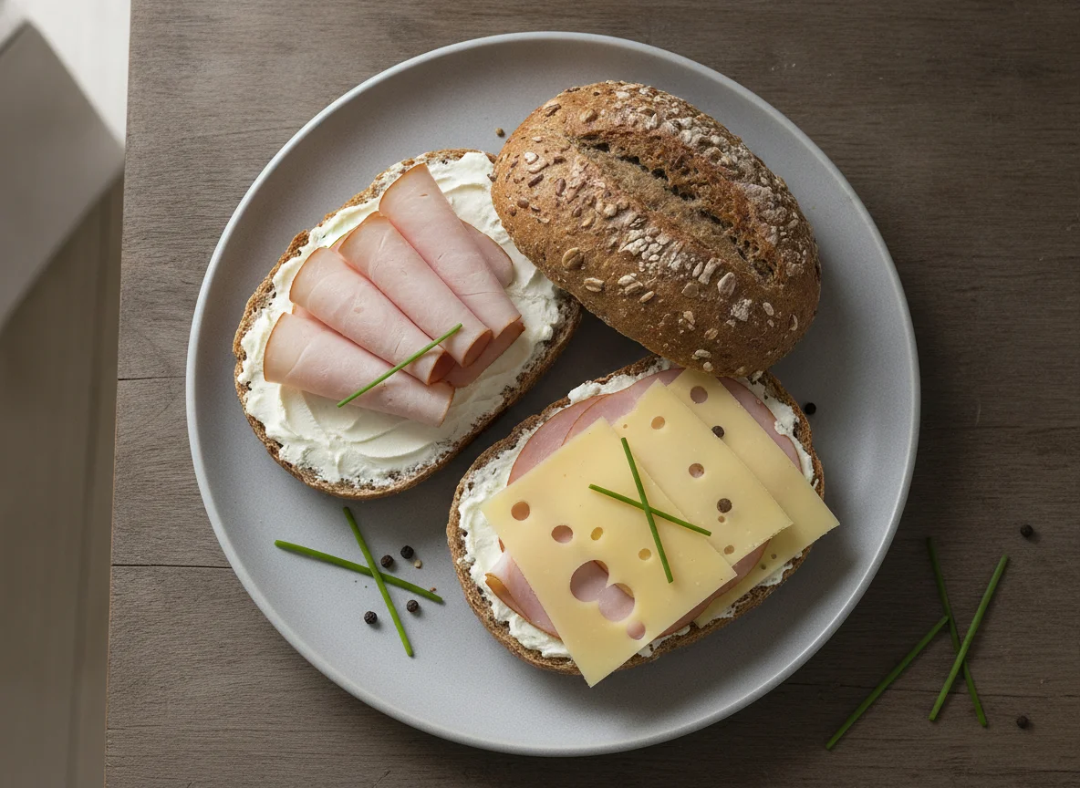 Vollkornbrötchen mit Käse und Putenbrust photo