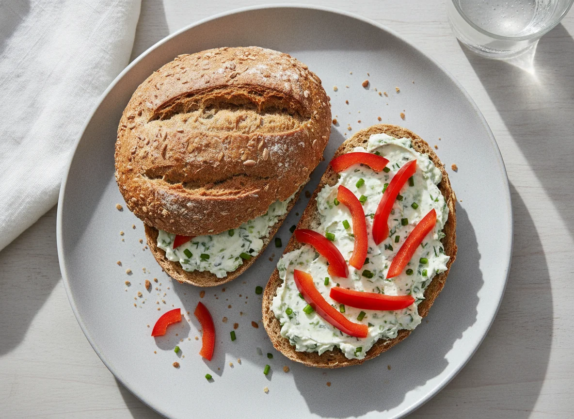 Vollkornbrötchen mit Kräuterfrischkäse und Paprika photo