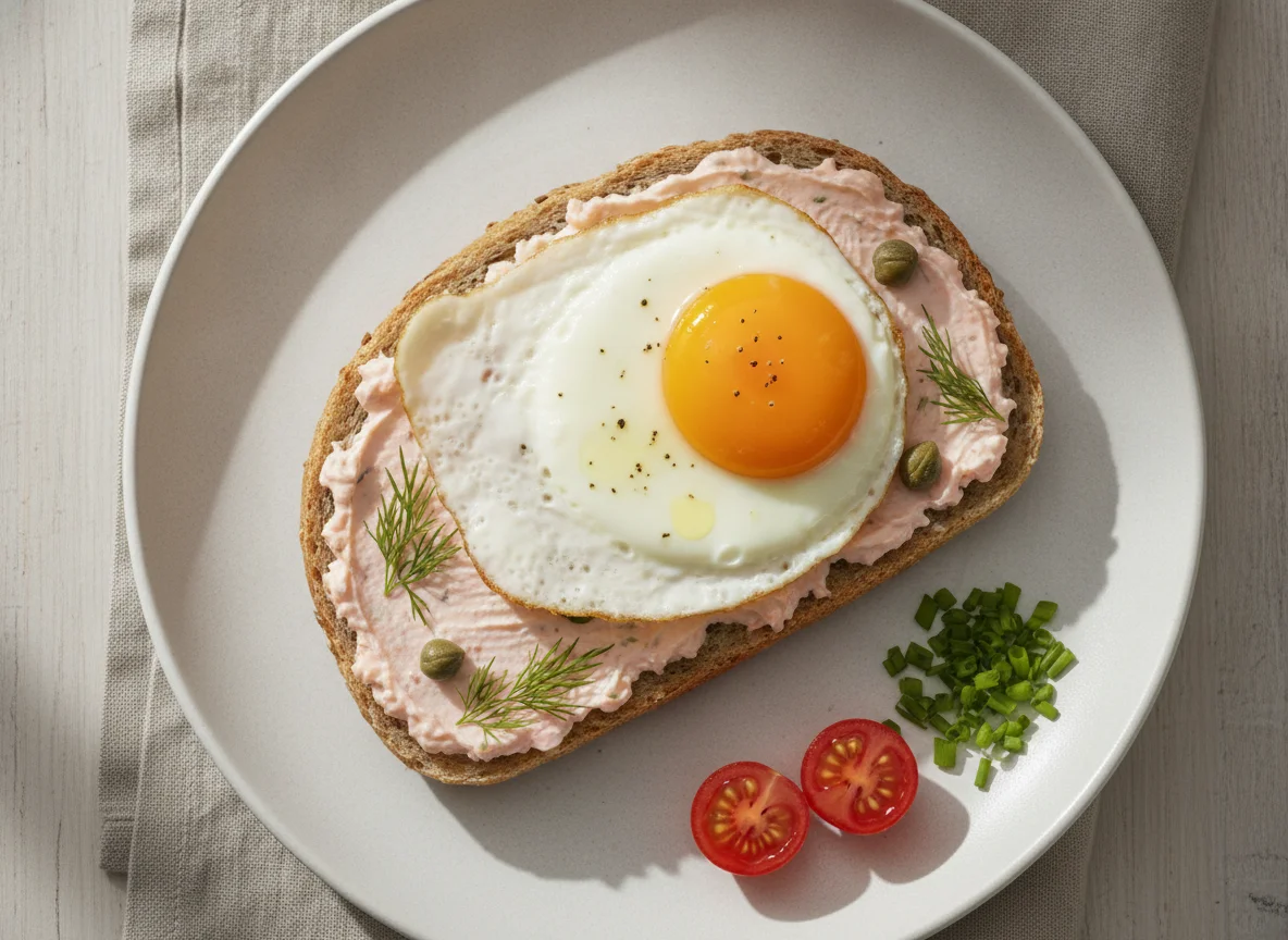 Vollkornbrötchen mit Lachsaufstrich und Spiegelei photo