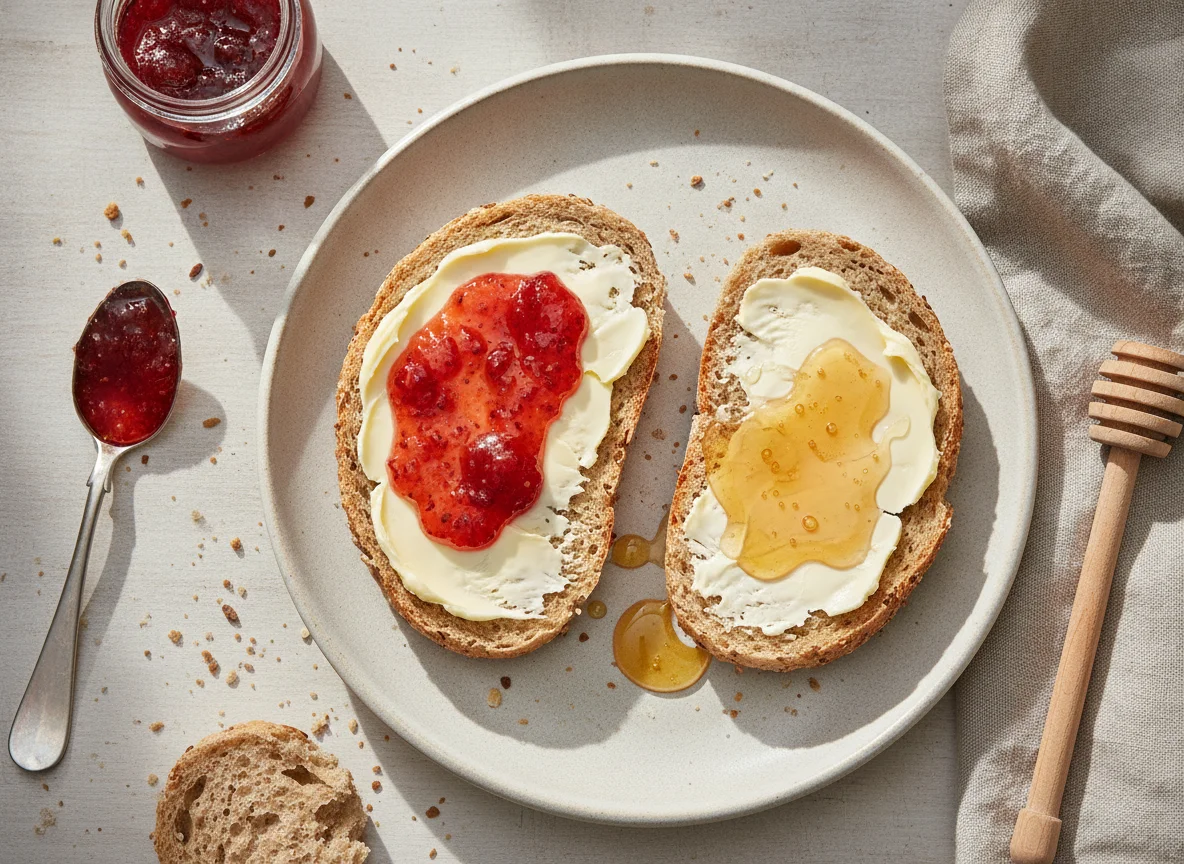 Vollkornbrötchen mit Marmelade und Honig photo