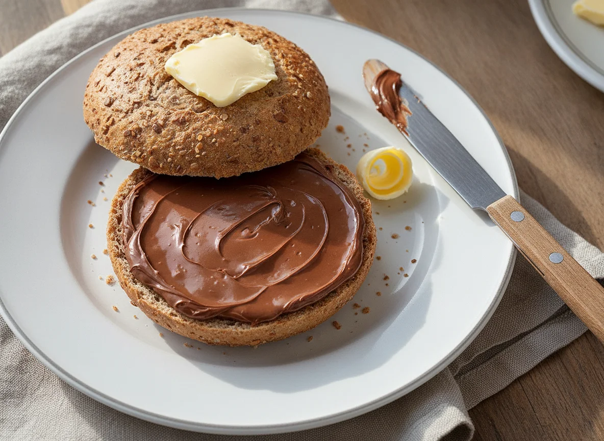 Vollkornbrötchen mit Nuss-Nougat-Creme und Butter photo