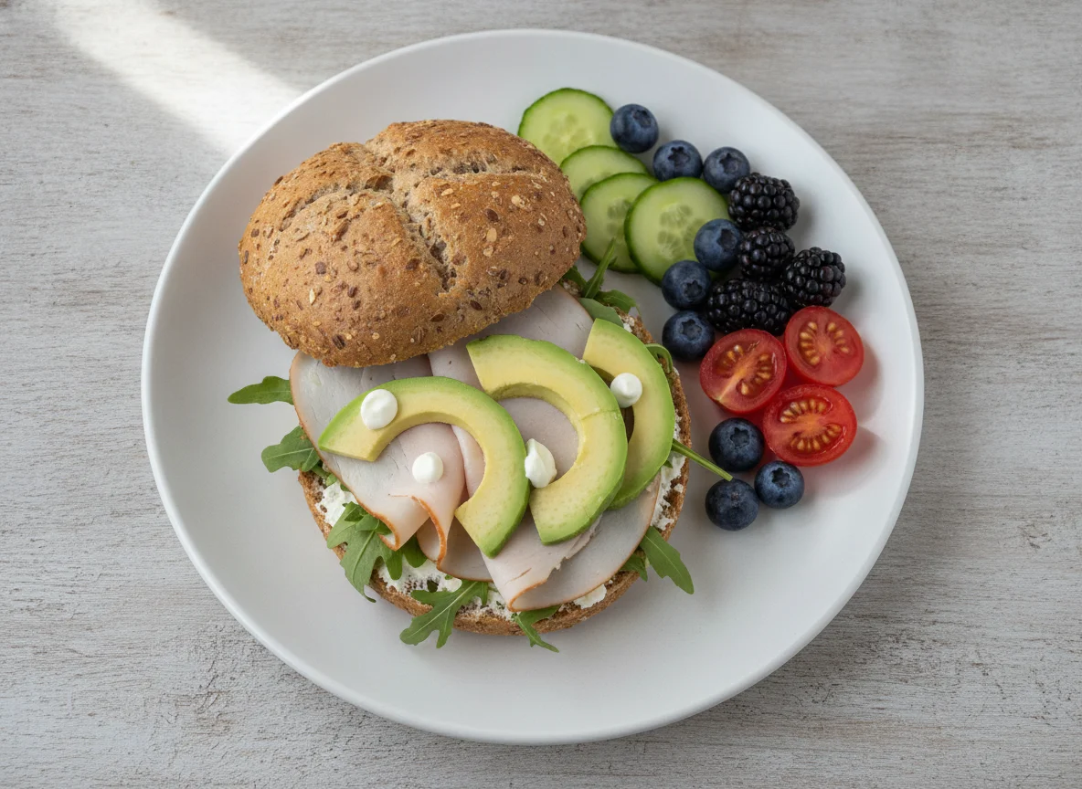 Vollkornbrötchen mit Putenbrust, Avocado und Beeren photo