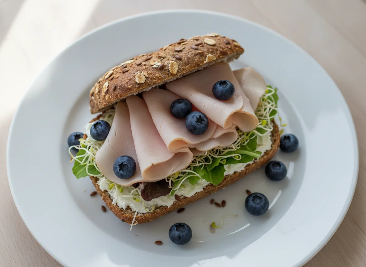 Vollkornbrötchen mit Putenbrust, Sprossen und Blaubeeren photo