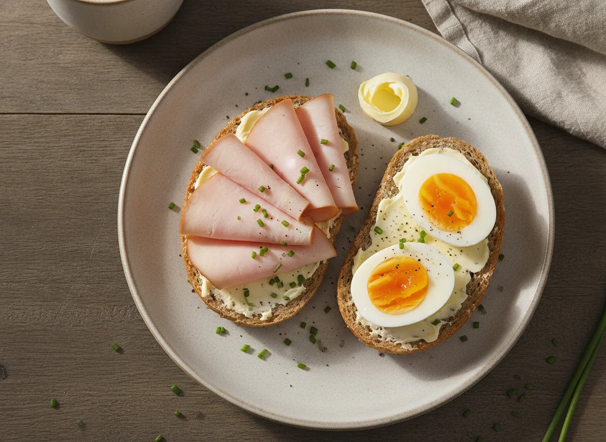 Vollkornbrötchen mit Putenbrust und Ei photo