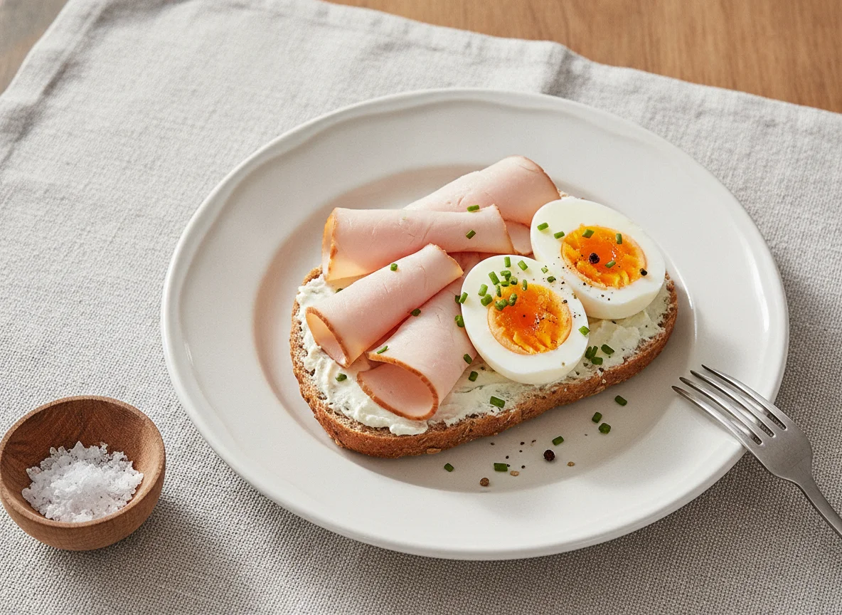 Vollkornbrötchen mit Putenbrust und gekochtem Ei photo