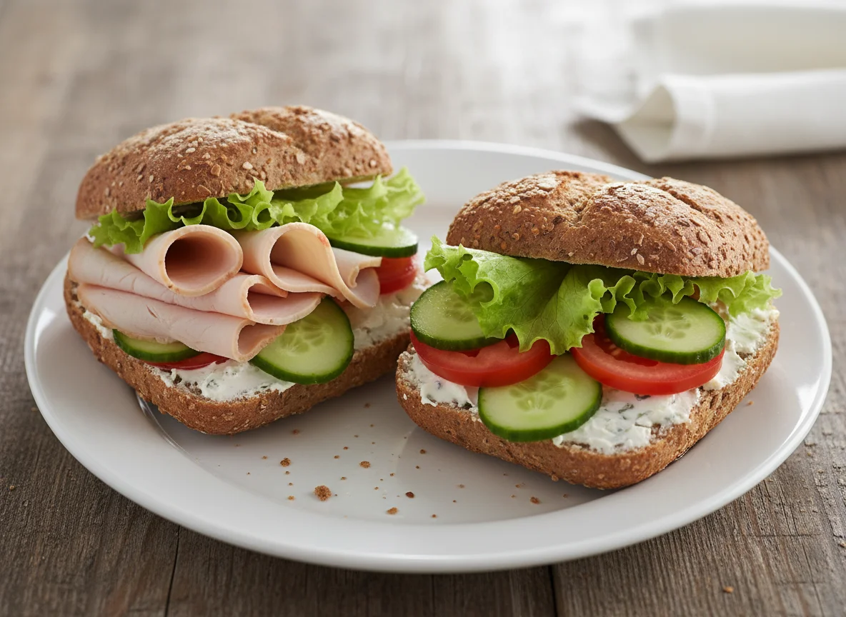 Vollkornbrötchen mit Putenbrust und Gemüse photo