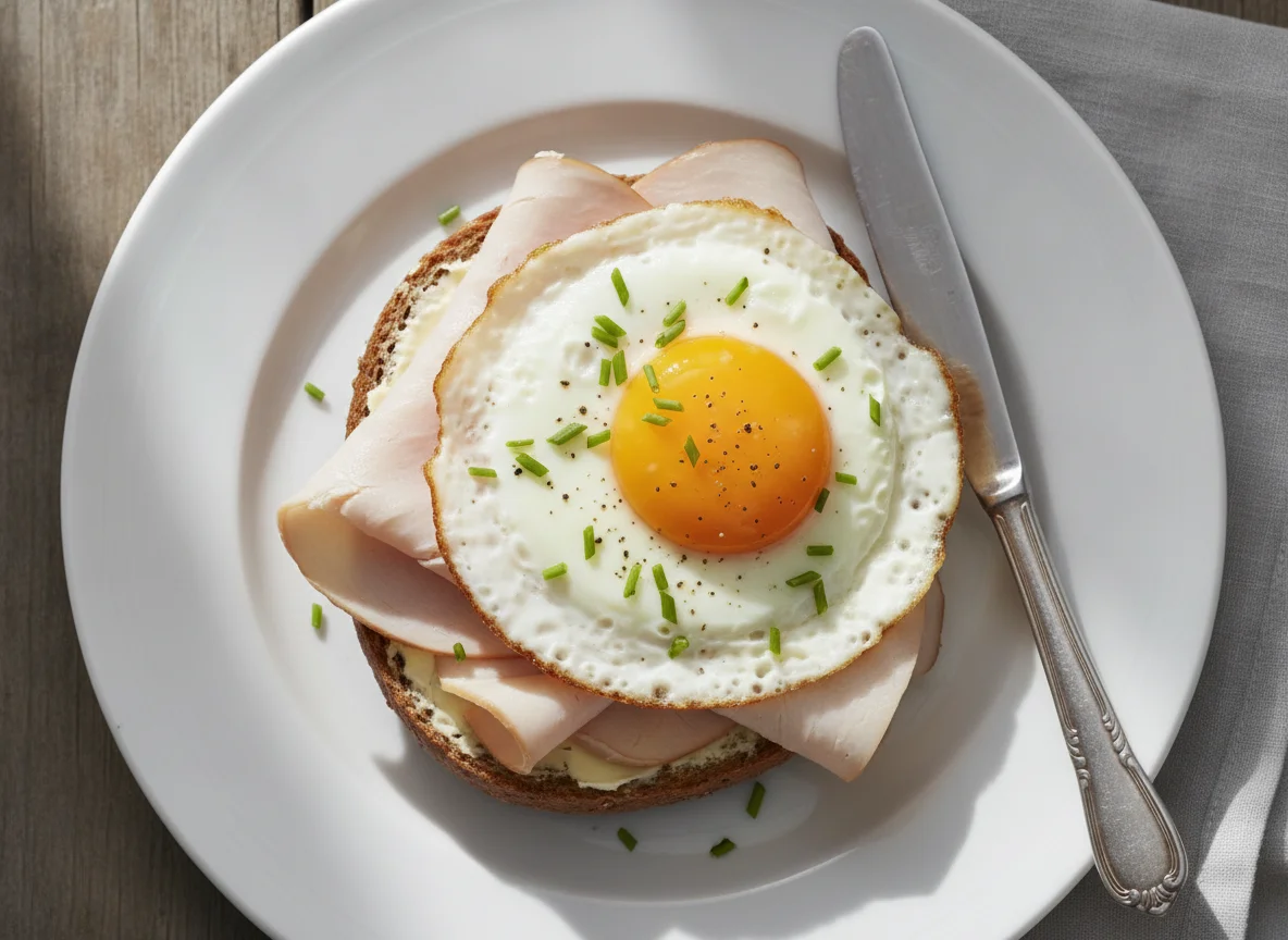 Vollkornbrötchen mit Putenbrust und Spiegelei photo