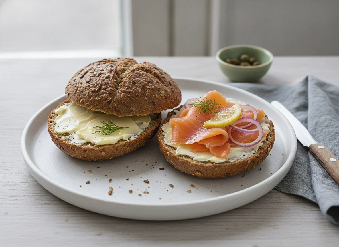 Vollkornbrötchen mit Räucherlachs photo