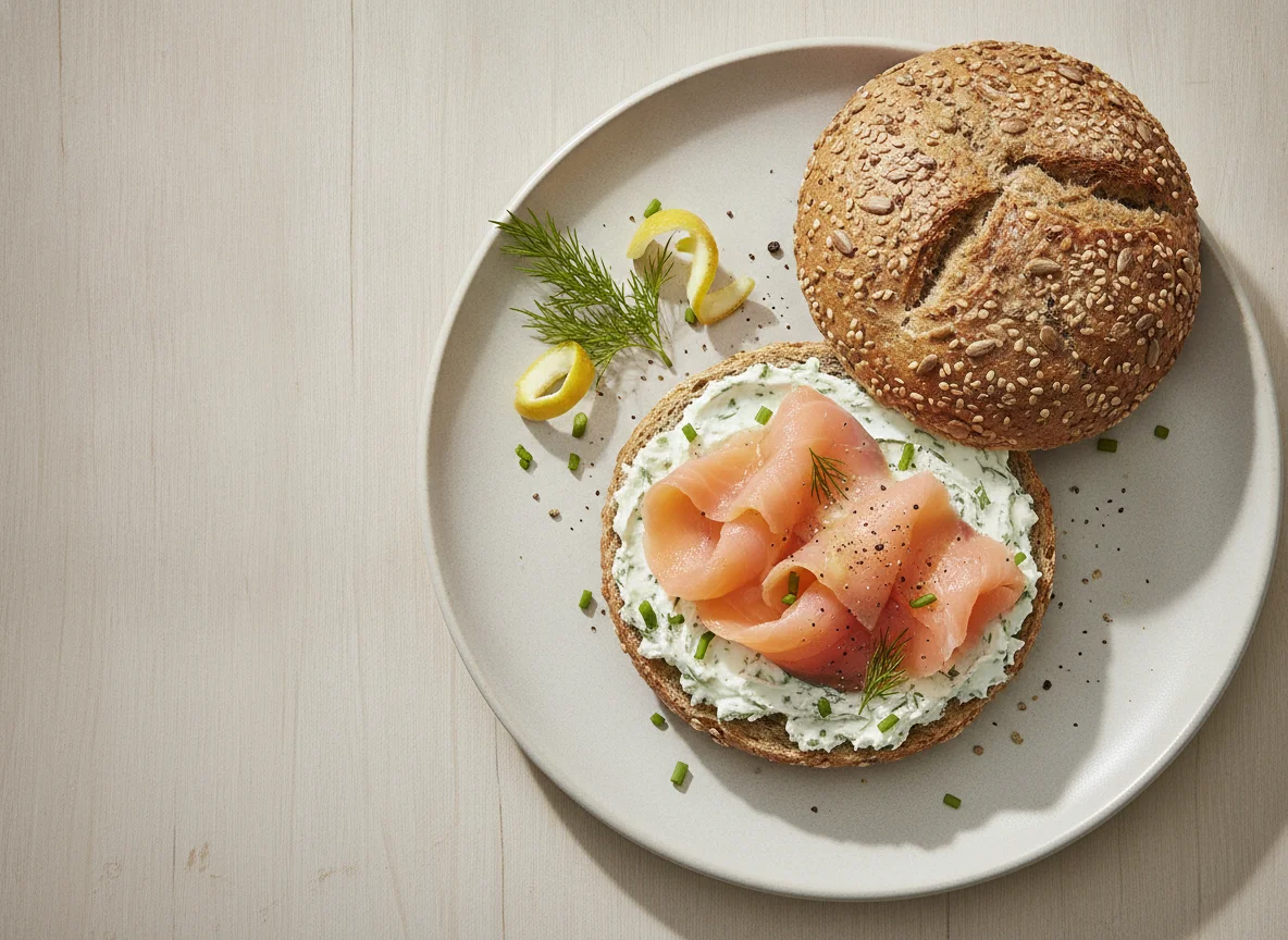 Vollkornbrötchen mit Räucherlachs und Frischkäse photo