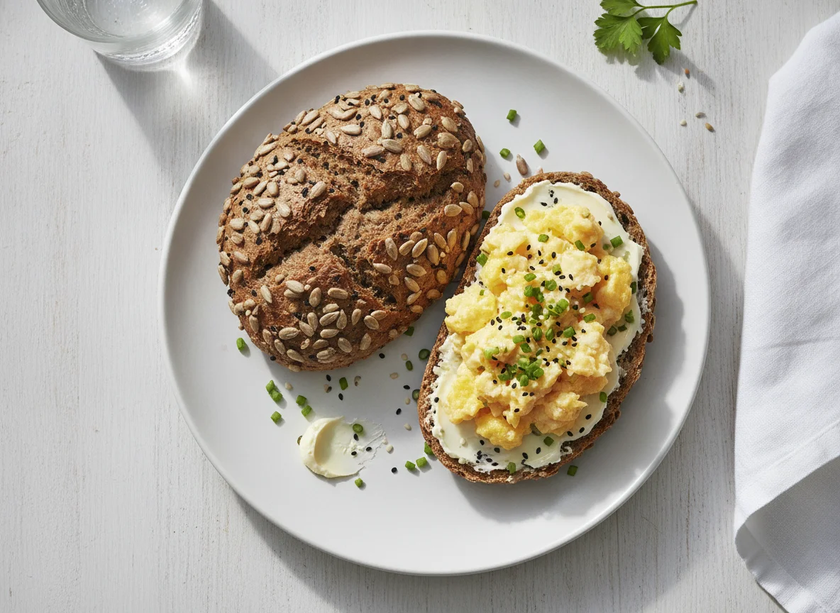 Vollkornbrötchen mit Rührei photo