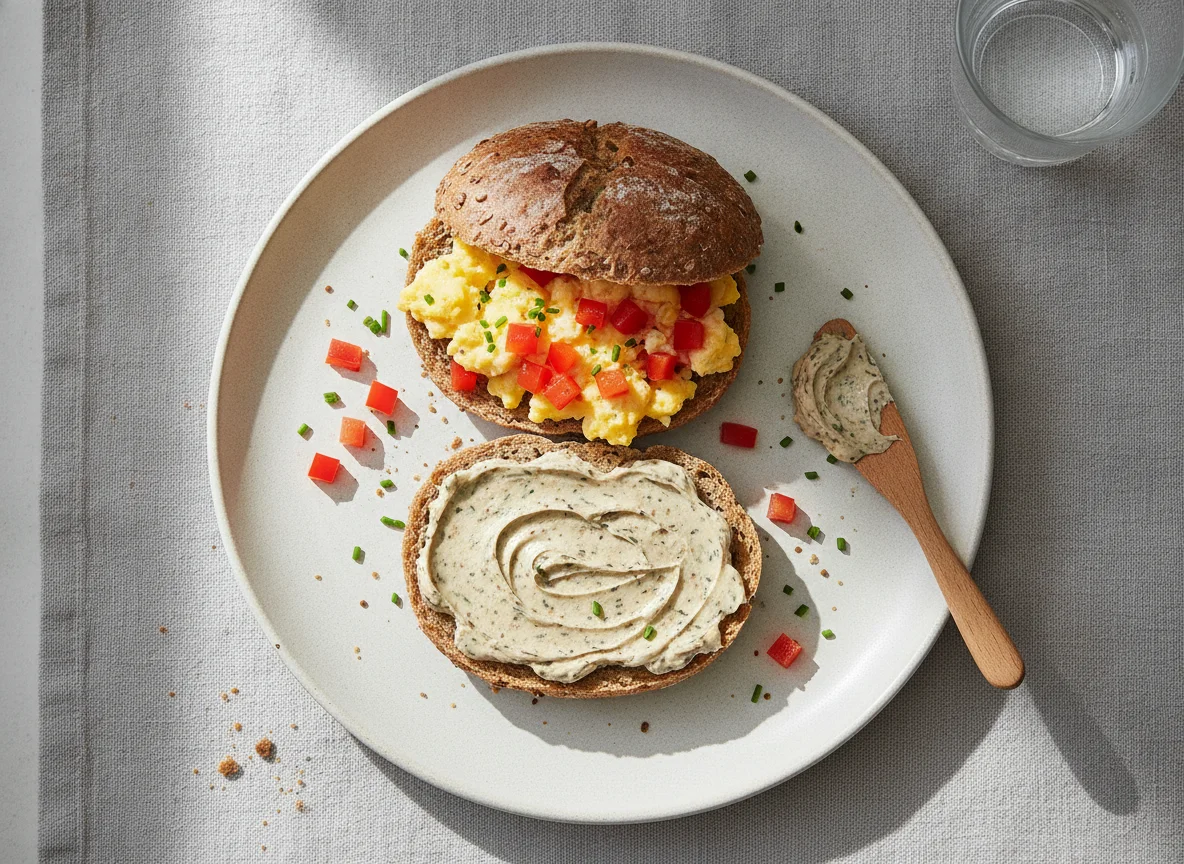 Vollkornbrötchen mit Rührei und Paprika photo