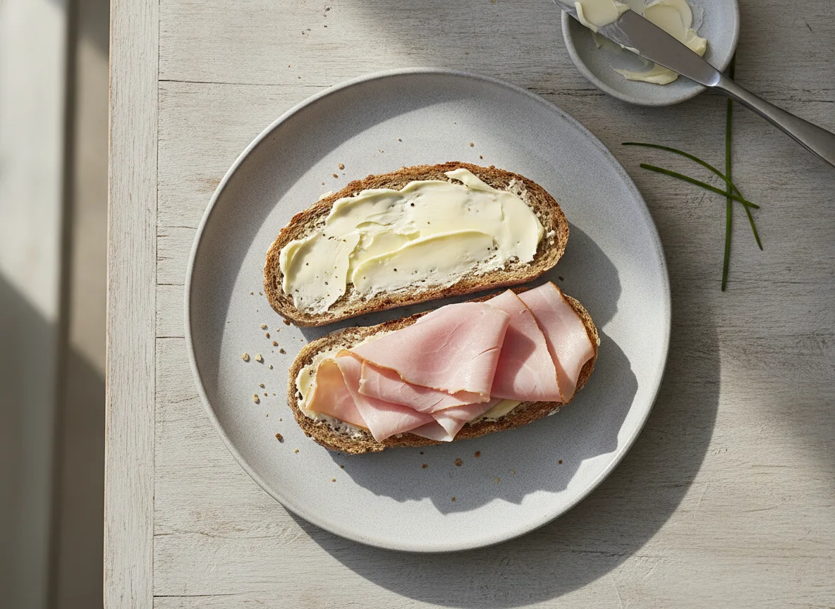 Vollkornbrötchen mit Schinken und Butter photo