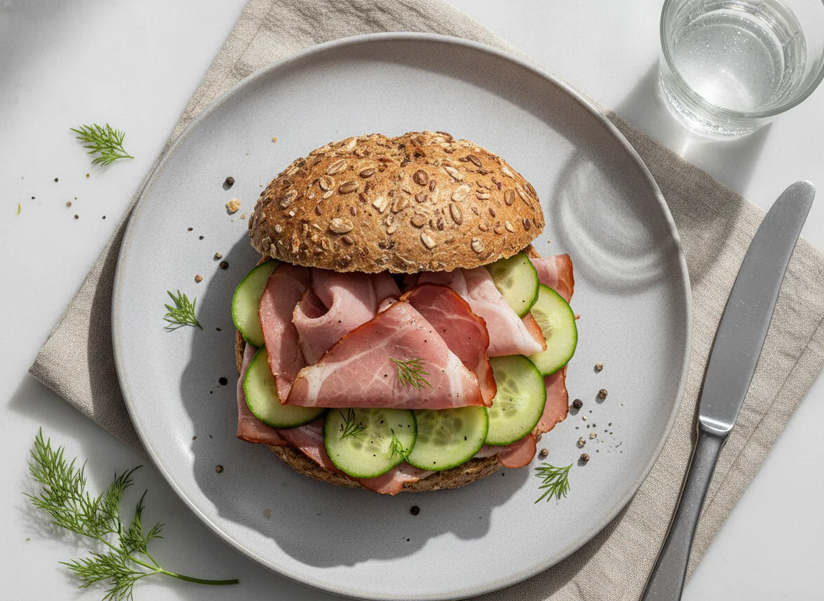 Vollkornbrötchen mit Schinken und Gurke photo