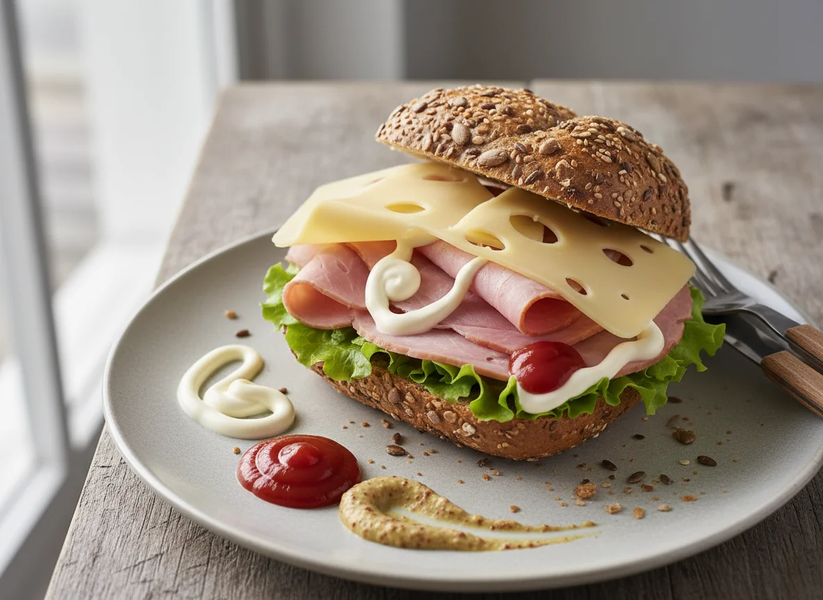 Vollkornbrötchen mit Schinken und Käse photo
