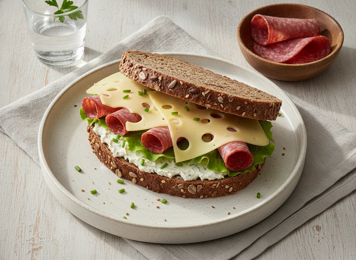 Vollkornbrot-Sandwich mit Käse und Salami photo