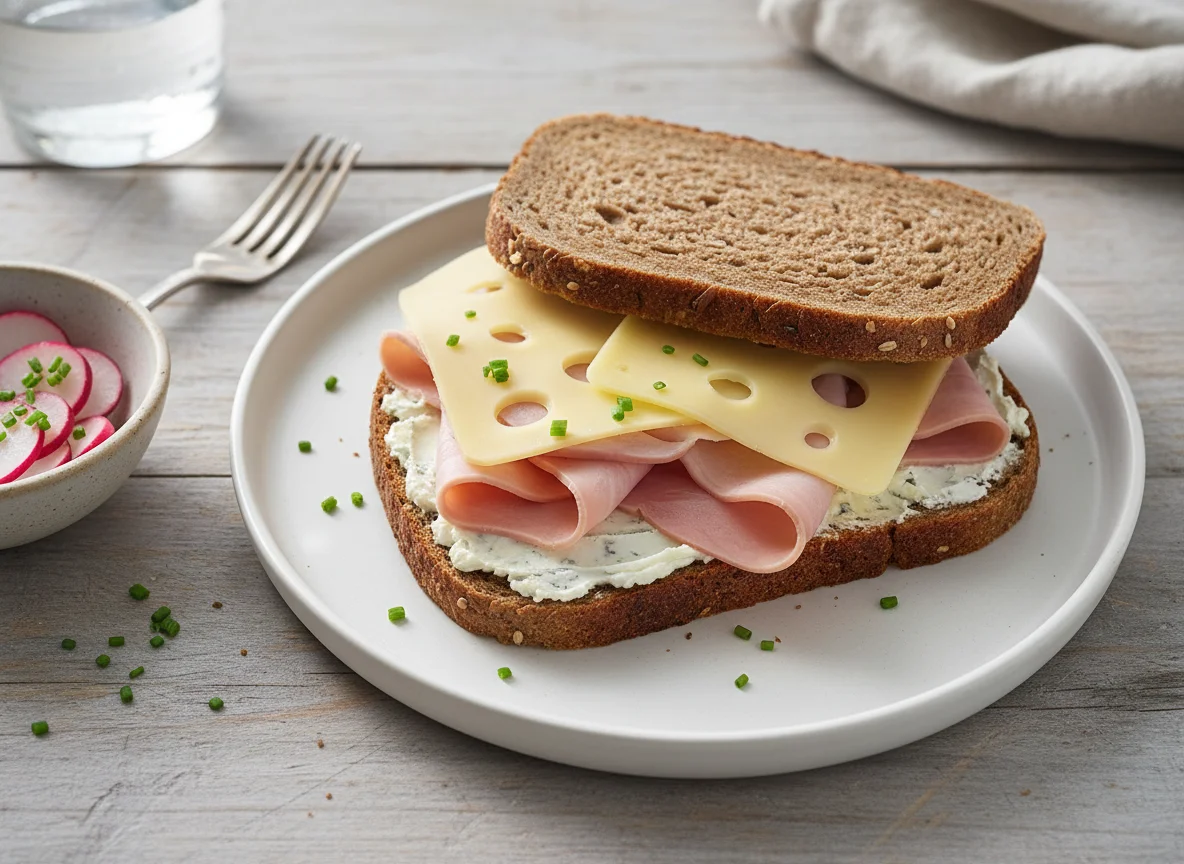 Vollkornbrot-Sandwich mit Käse und Schinken photo