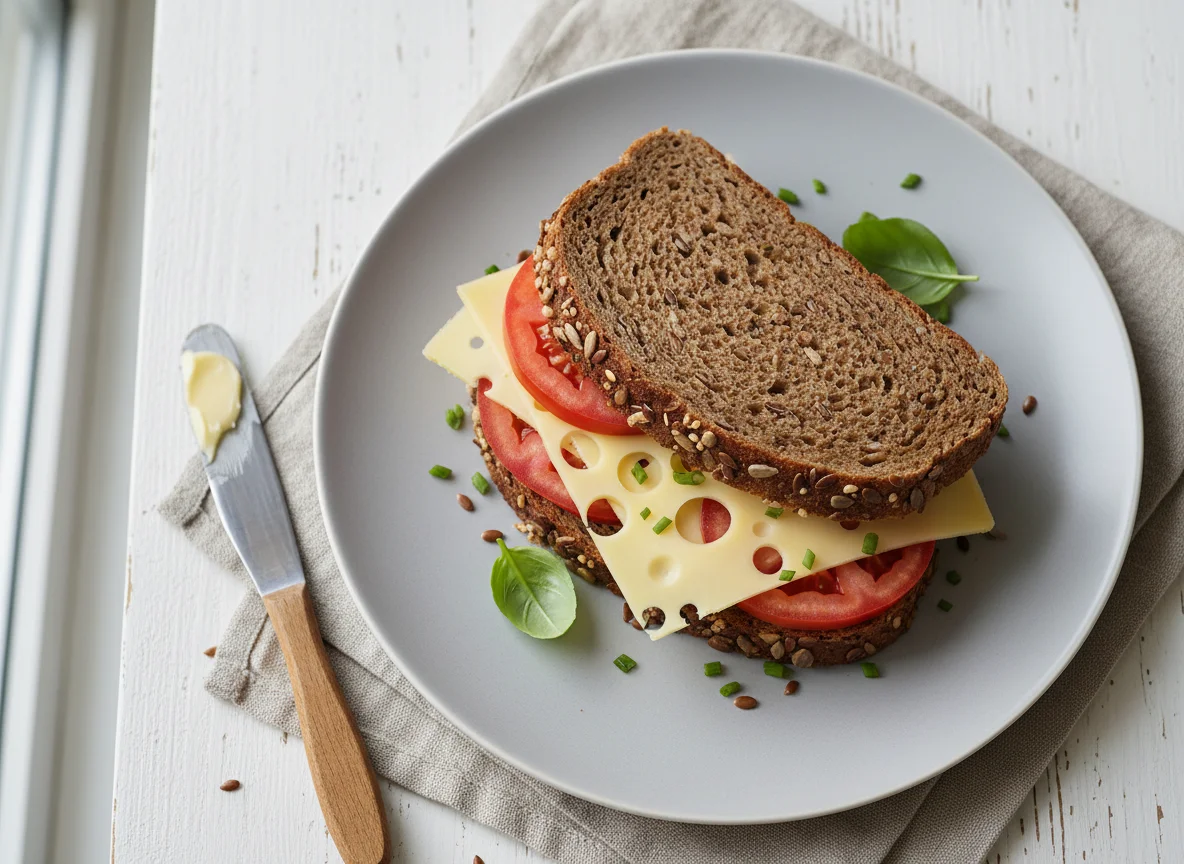 Vollkornbrot-Sandwich mit Käse und Tomate photo
