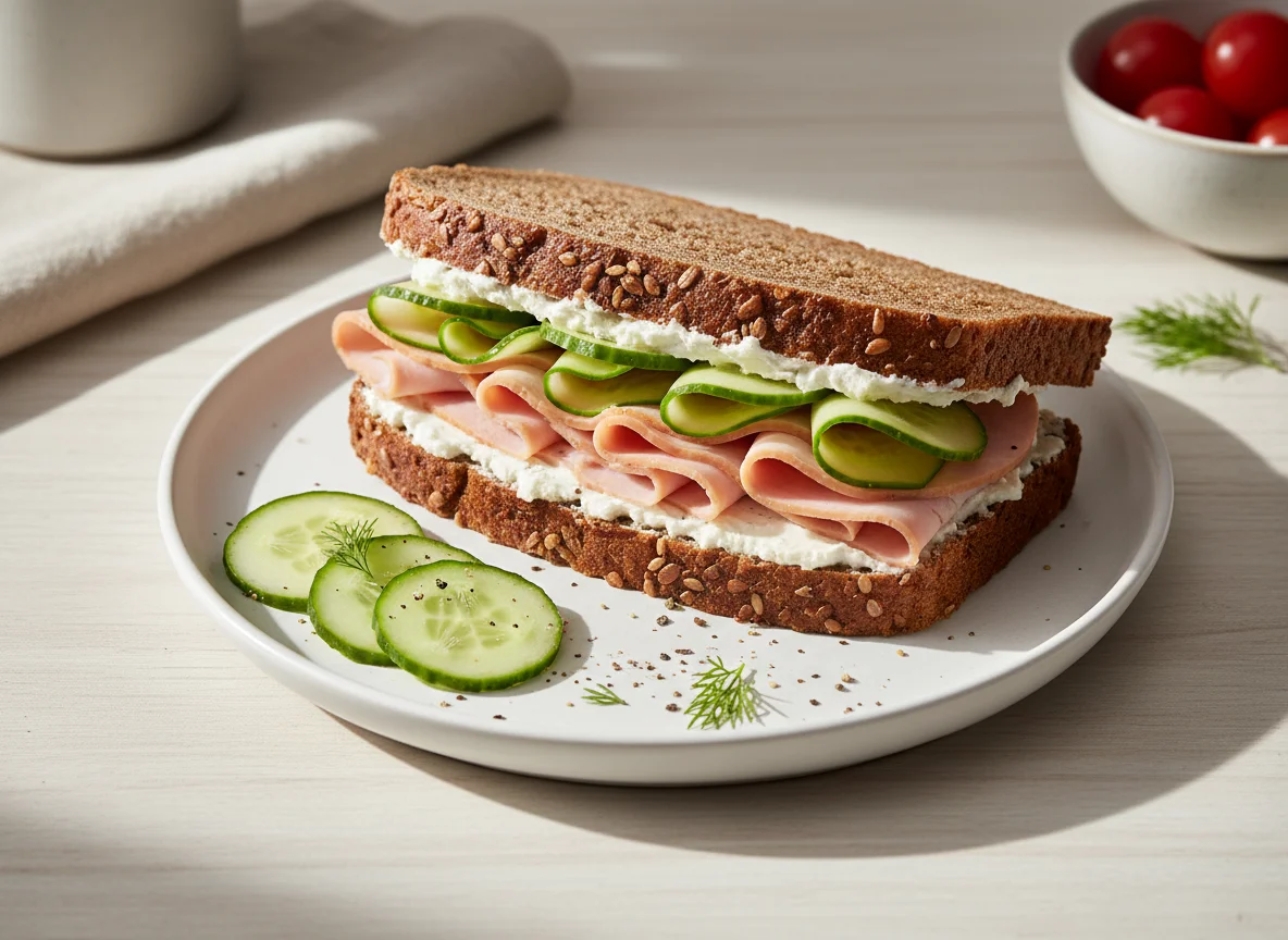 Vollkornbrot-Sandwich mit Putenbrust und Frischkäse photo